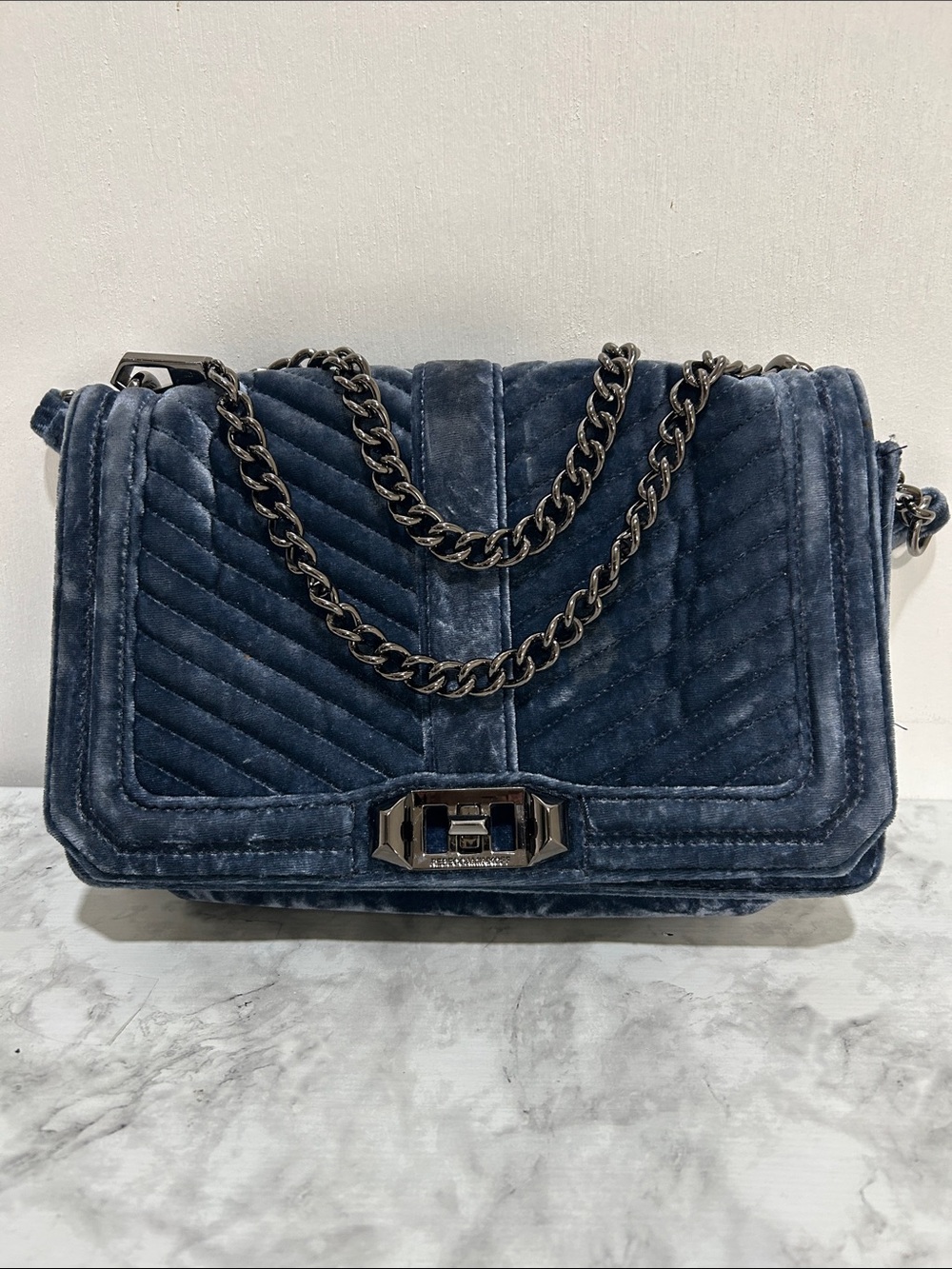 Rebecca Minkoff Love Quilted Velvet Crossbody Bag Chain-Handle Blue
